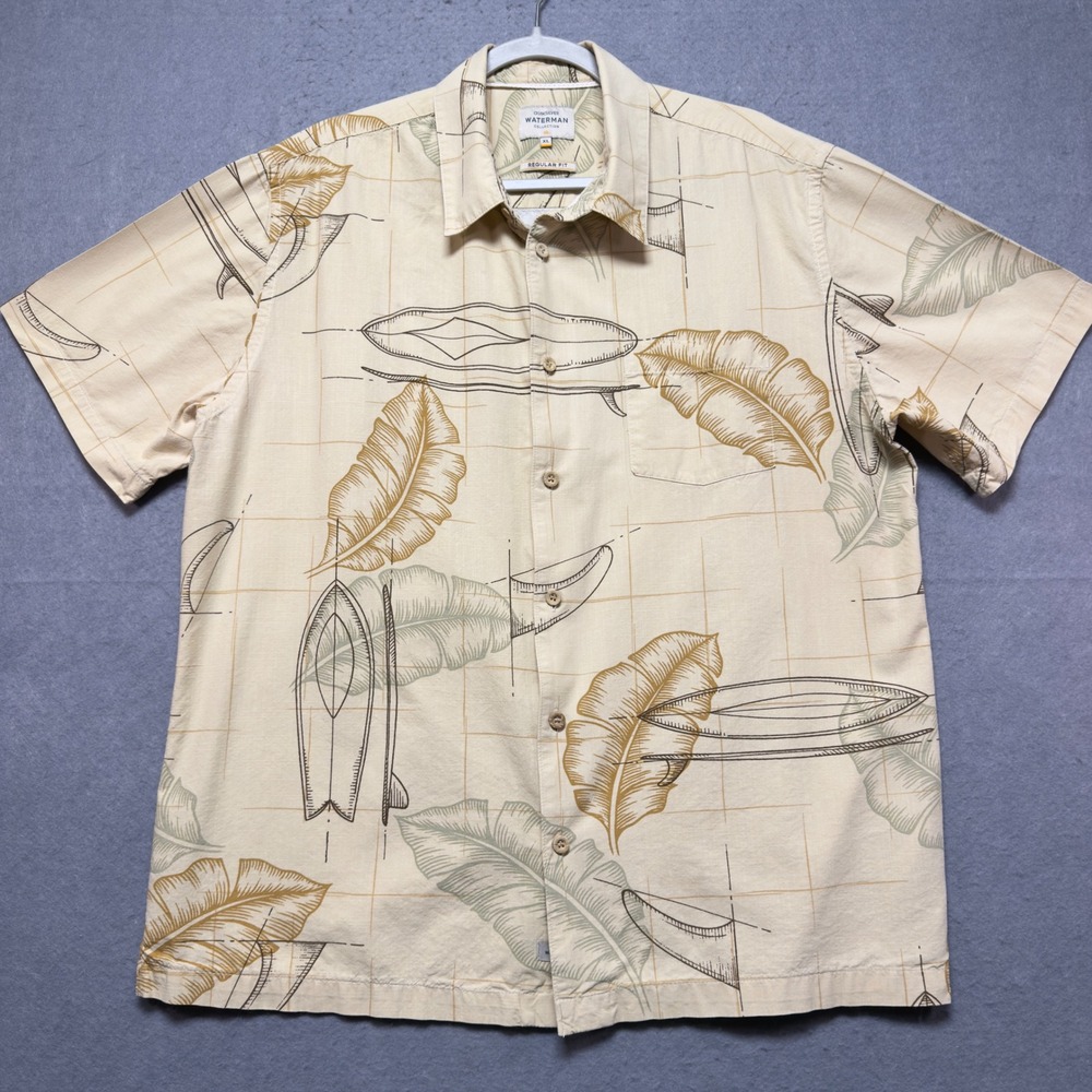 Quiksilver Waterman Collection Mens XL Cream Surfboard Leaf Print Button Shirt